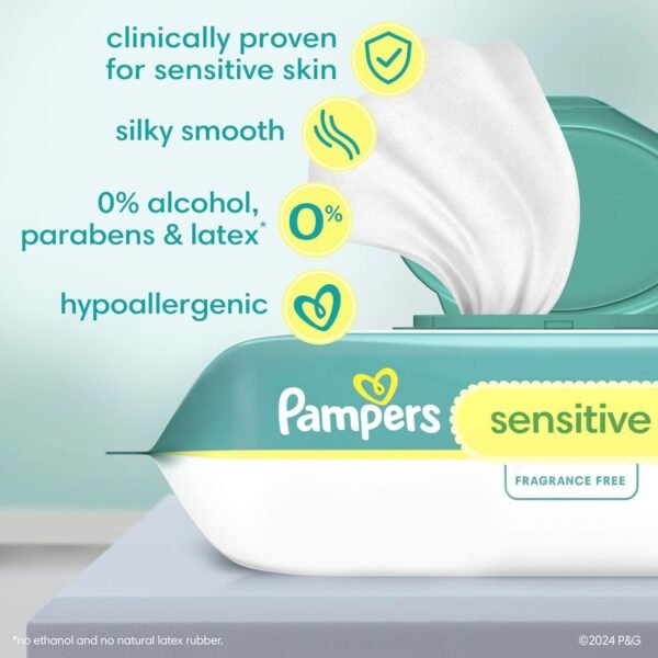 Pampers Baby Wipes, Sensitive, Water Based Wipe, Clinically Proven, Hypoallergenic, and Unscented for Babies, 336 Wipes Total (4 Flip-Top Packs) - Image 3