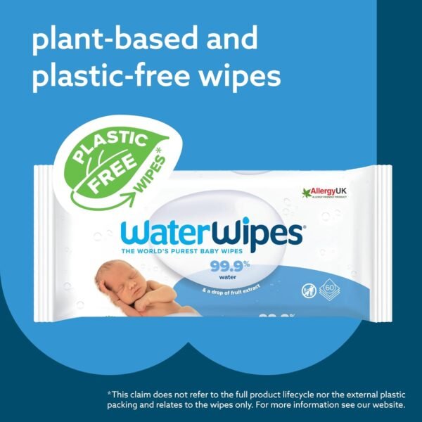 WaterWipes Plastic-Free Original Baby Wipes, 99.9% Water Based Wipes, Unscented & Hypoallergenic for Sensitive Skin, 60 Count (Pack of 12), Packaging May Vary - Image 3