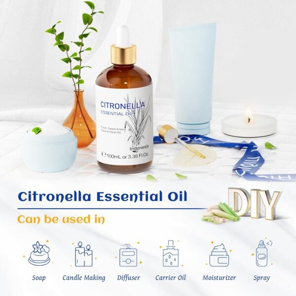 HIQILI 100ML Citronella Oil for Homemade Sprays, Add to Diffuser, 100% Pure and Natural Undiluted 3.38 Fl Oz - Image 4