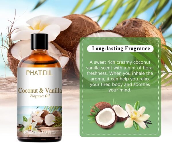 3.38FL.OZ Coconut & Vanilla Fragrance Oils for Aromatherapy, Essential Oils for Diffusers for Home, Perfect for Diffuser, Yoga, DIY Candle and Soap Making - 100ml - Image 5