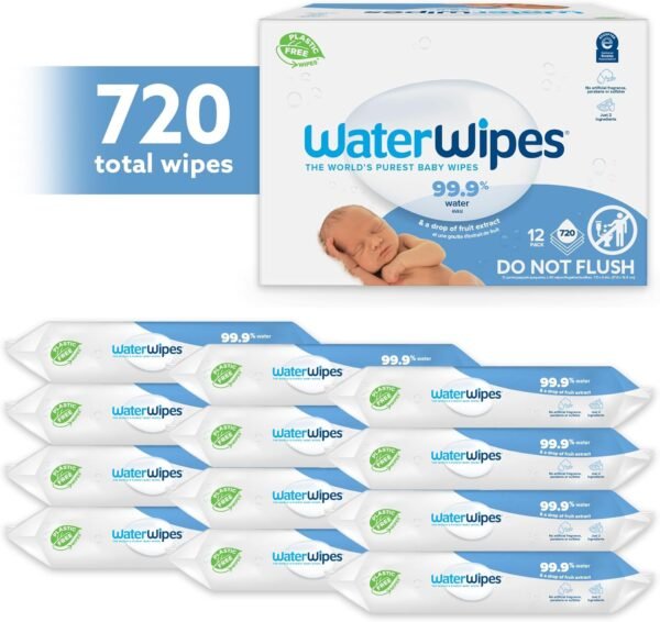 WaterWipes Plastic-Free Original Baby Wipes, 99.9% Water Based Wipes, Unscented & Hypoallergenic for Sensitive Skin, 60 Count (Pack of 12), Packaging May Vary - Image 6