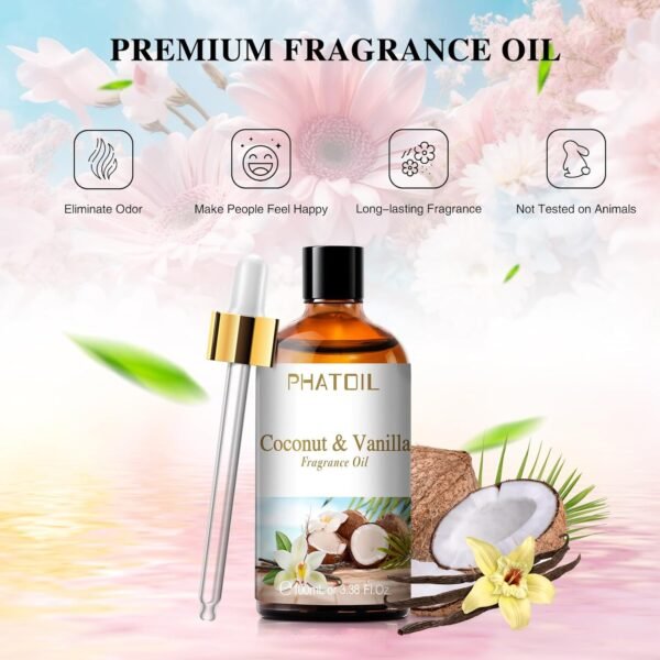 3.38FL.OZ Coconut & Vanilla Fragrance Oils for Aromatherapy, Essential Oils for Diffusers for Home, Perfect for Diffuser, Yoga, DIY Candle and Soap Making - 100ml - Image 3