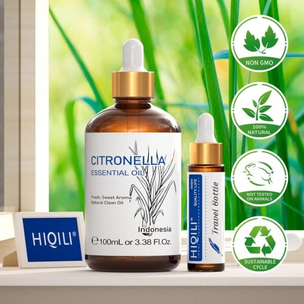 HIQILI 100ML Citronella Oil for Homemade Sprays, Add to Diffuser, 100% Pure and Natural Undiluted 3.38 Fl Oz - Image 3