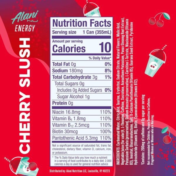 Alani Nu CHERRY SLUSH, Sugar Free, Low Calorie Energy Drinks, 200mg Caffeine, Biotin, B Vitamins, Zero Sugar, 10 Calories, 12 Fl Oz Cans, 24 Pack - Image 2